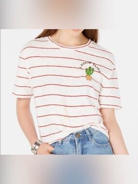 Rebellious One White Tee with Red Stripes & Cactus Patch